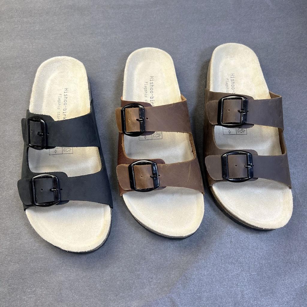 Dép đế trấu birken chất liệu da bò sáp nam nữ unisex quai ngang 2 khóa size 35 - 43 chính hãng Hishoo S104