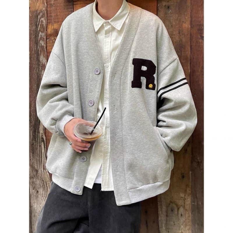 Áo cardigan phom rộng cổ chữ V unisex nam nữÁo khoác bomber thêu chữ,kiểu hàn quốc chất nỉ PE cao cấp