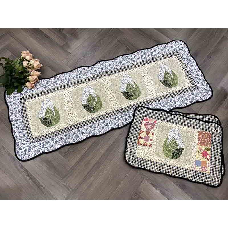 Thảm set 3 lá xanh - viền xanh dương - caro - T3N54703