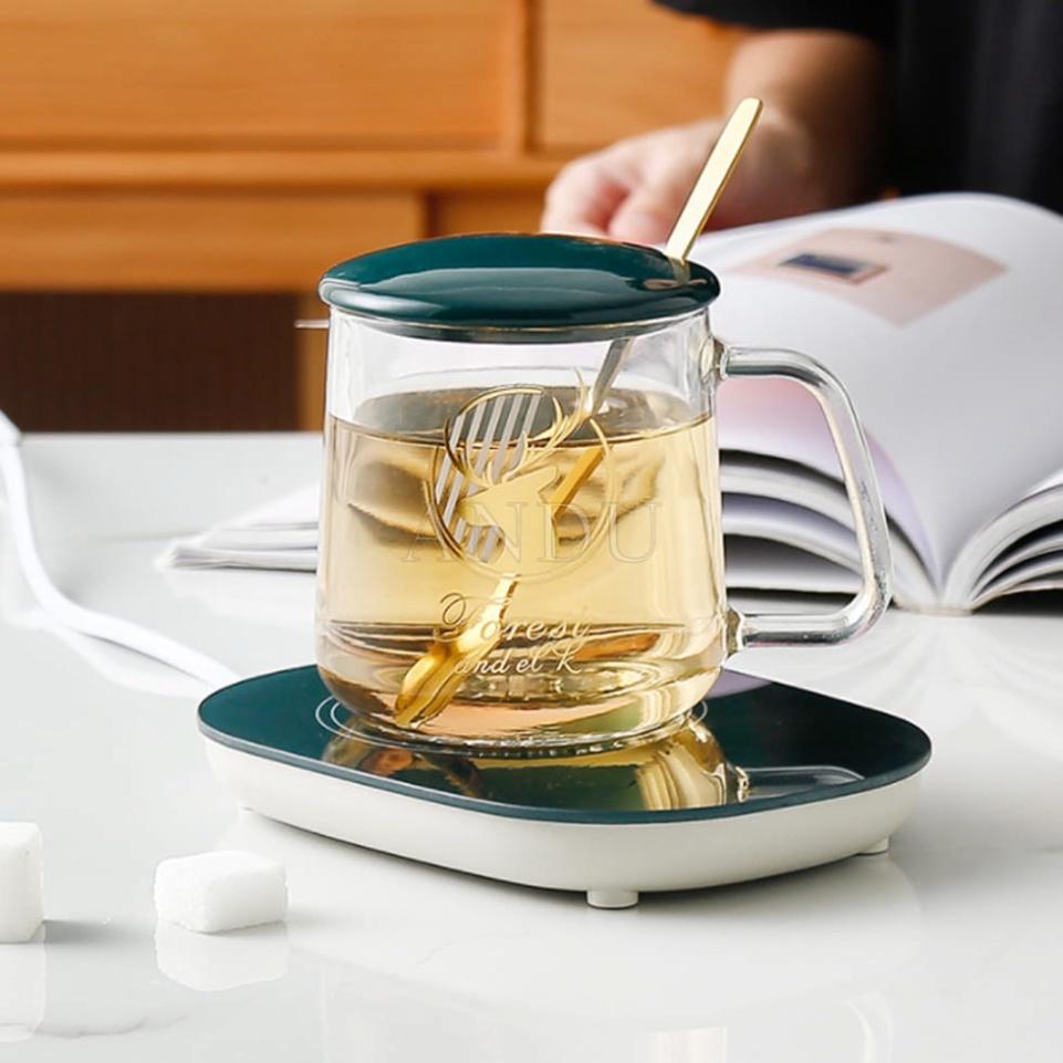 Bộ Cốc Hâm Nóng Giữ Nhiệt Ly Thủy Tinh Kèm Đế Điện Hâm Nóng Cafe , Sữa , Trà Đồ Uống - Tặng Thìa Mạ Vàng