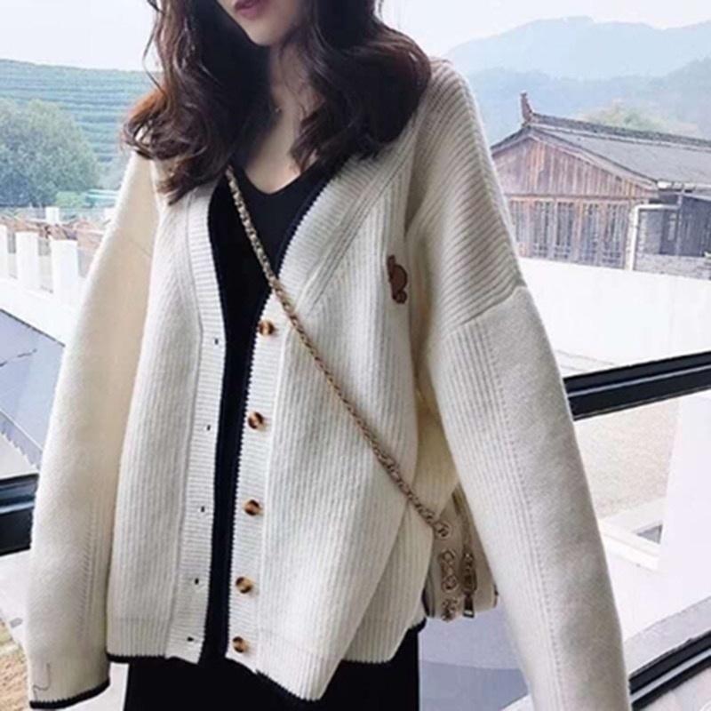 MS334 Áo khoác cardigan len nữ viền màu cổ tim thêu voi