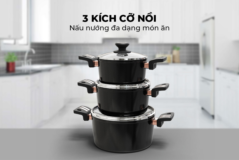 Bộ nồi chống dính ultra titanium SUNHOUSE ST2210B - Bộ 3 món Bảo hành 3 năm-Hàng chính hãng