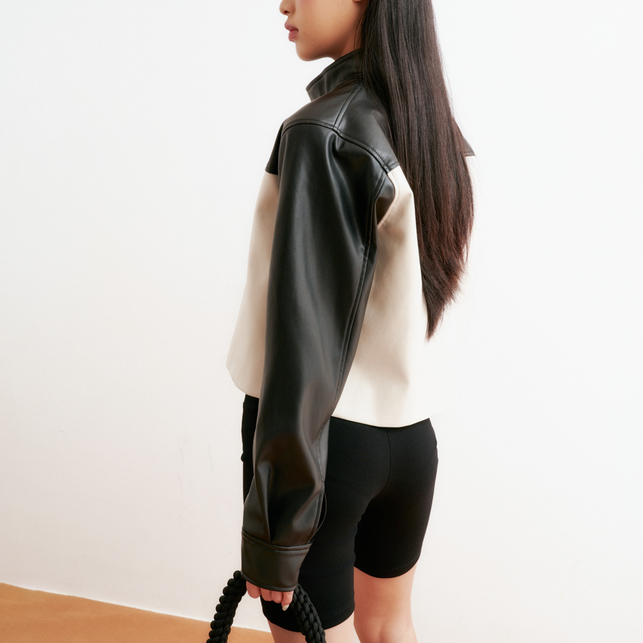 DOTTIE - Áo khoác da phối màu - Kem - T0842