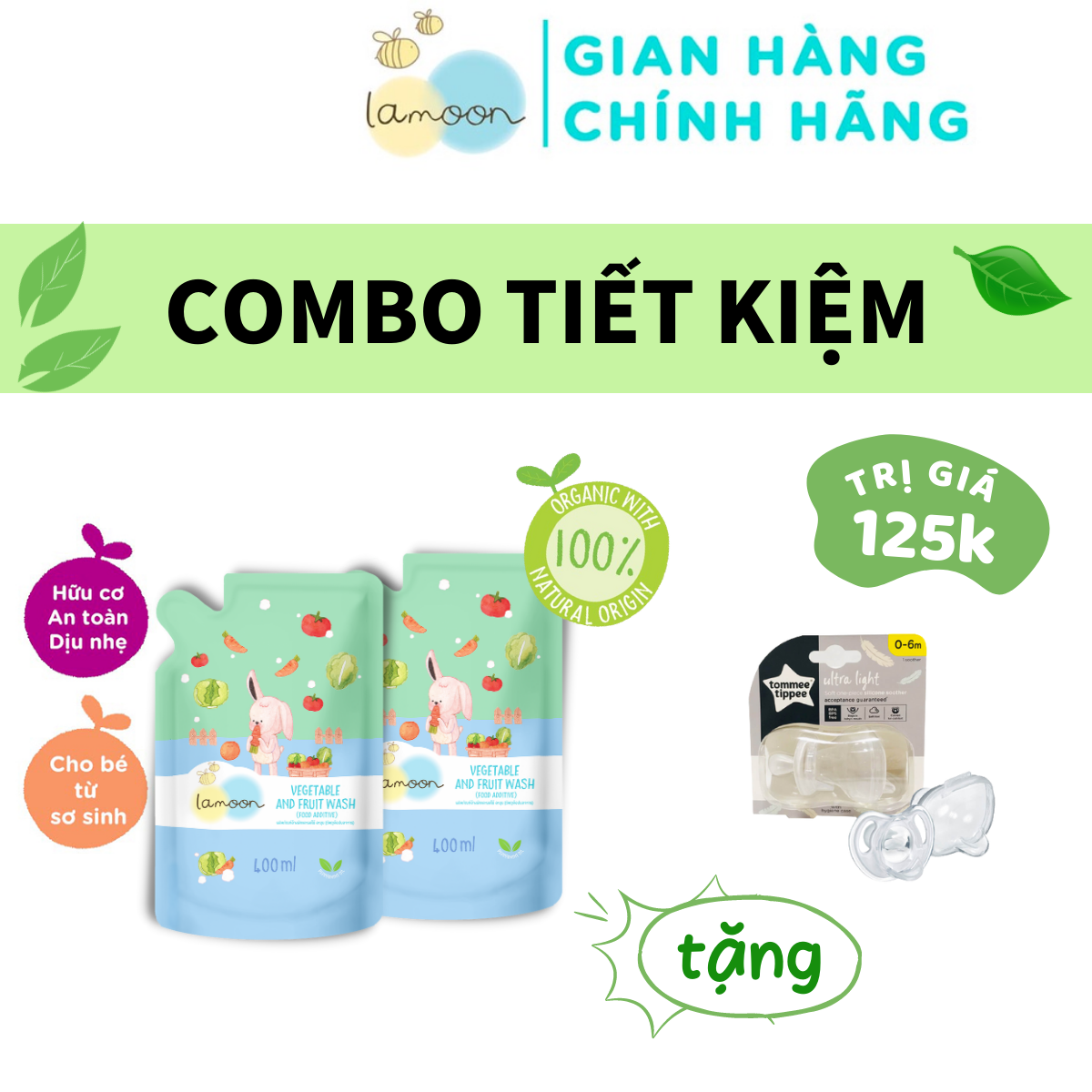 COMBO 2 Túi Nước rửa rau củ quả Organic Lamoon 400ml TẶNG 1 Ty Ngậm Siêu Nhẹ Cho Bé