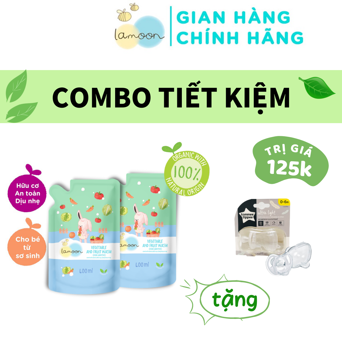 COMBO 2 Túi Nước rửa rau củ quả Organic Lamoon 400ml TẶNG 1 Ty Ngậm Siêu Nhẹ (Vỉ Đơn) Cho Bé