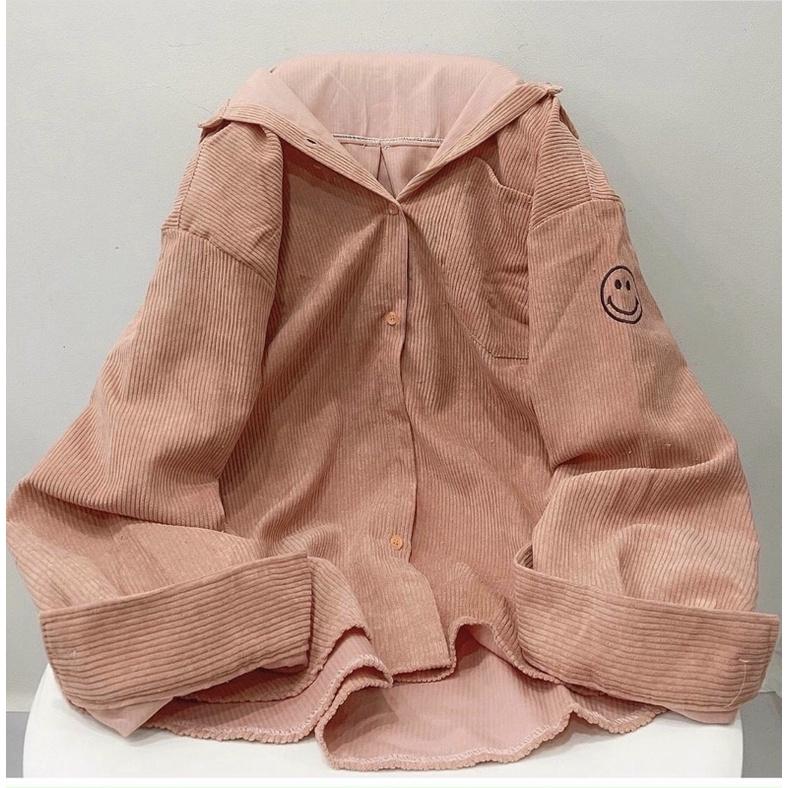 Áo khoác dáng sơmi gài nút thêu kaki nhung gân unisex ulzzang nam nữ