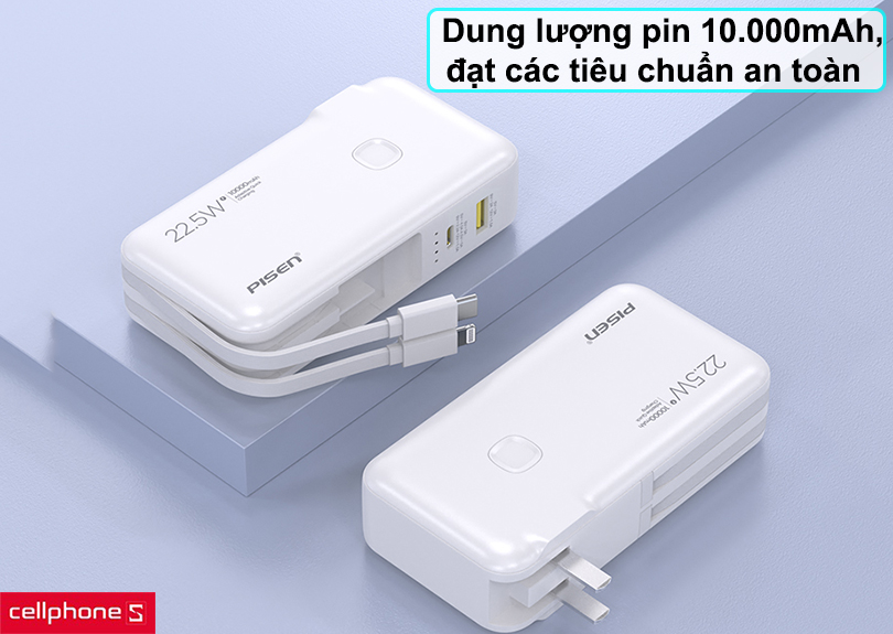 Sạc dự phòng PISEN QUICK High Power Box 10000mAh, 22.5W OWN (TS-D312) kèm chân cắm, kèm cáp sạc, Hàng chính hãng