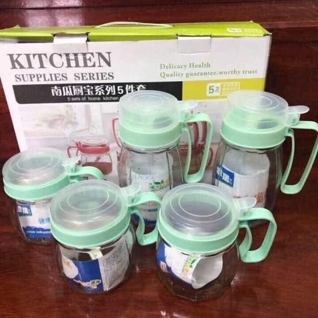 Bộ 5 Hủ Đựng Gia Vị Thủy Tinh Có Tay Cầm