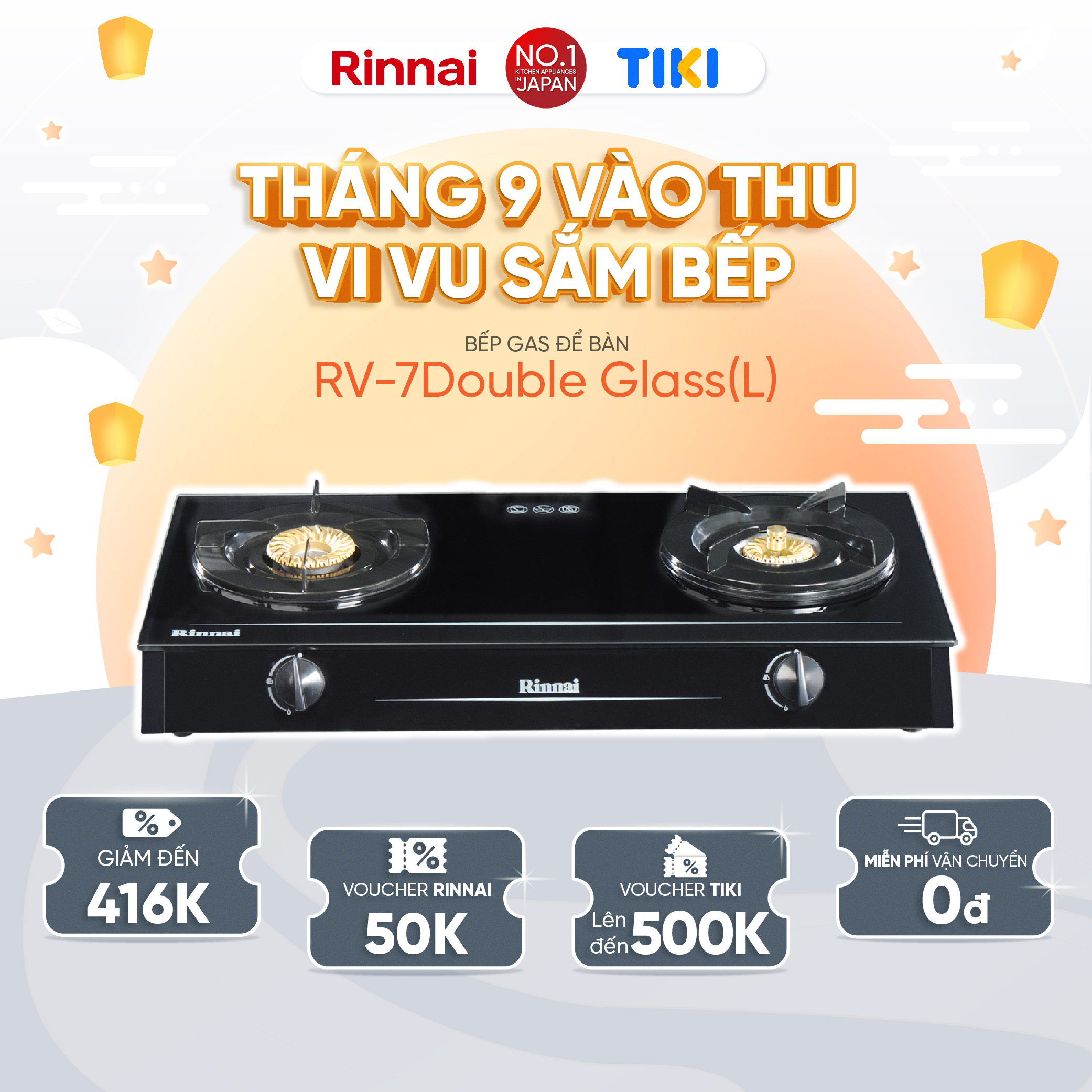 Bếp gas dương Rinnai RV-7Double Glass(L) mặt bếp kính và kiềng bếp men - Hàng chính hãng.