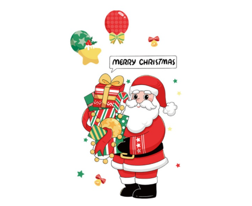 Decal trang trí dán tường Noel - hít tĩnh điện - Ông già Noel cầm quà và bong bóng phát quà cho các bạn