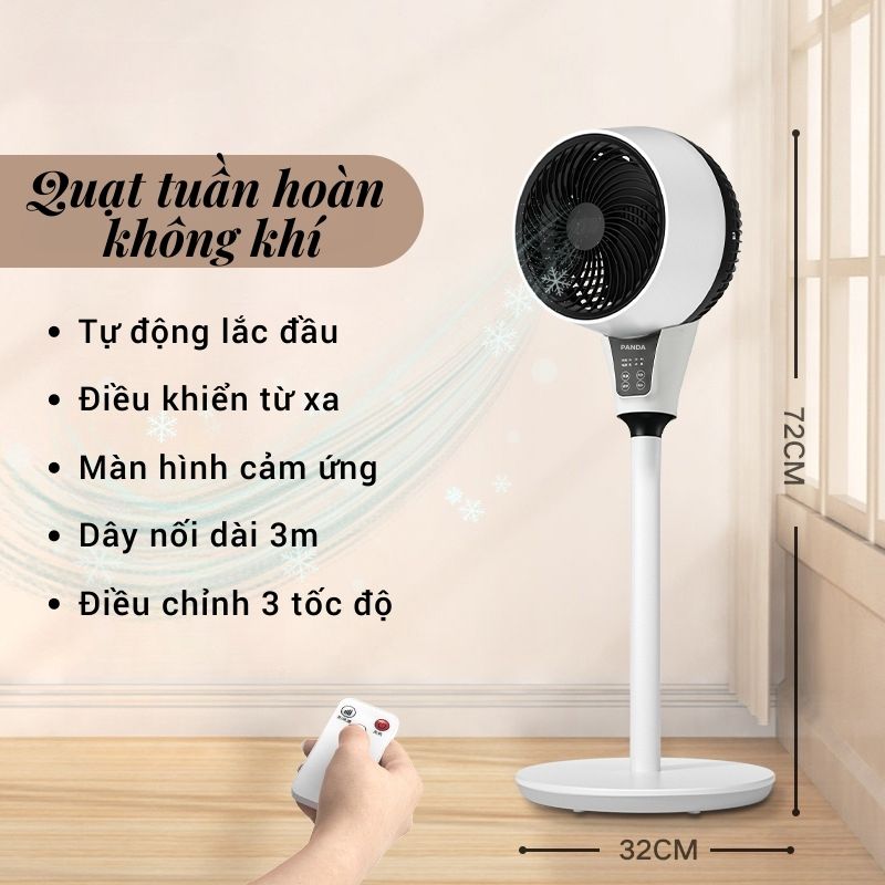 Quạt Tuần Hoàn Không Khí Panda , Quạt Cây Đứng Quay 360 Độ , Giúp Lưu Thông Không Khí , Thông Thoáng Phòng Ốc Có Điều Khiển Từ Xa , Màn Hình Cảm Ứng - Công Suất 35W