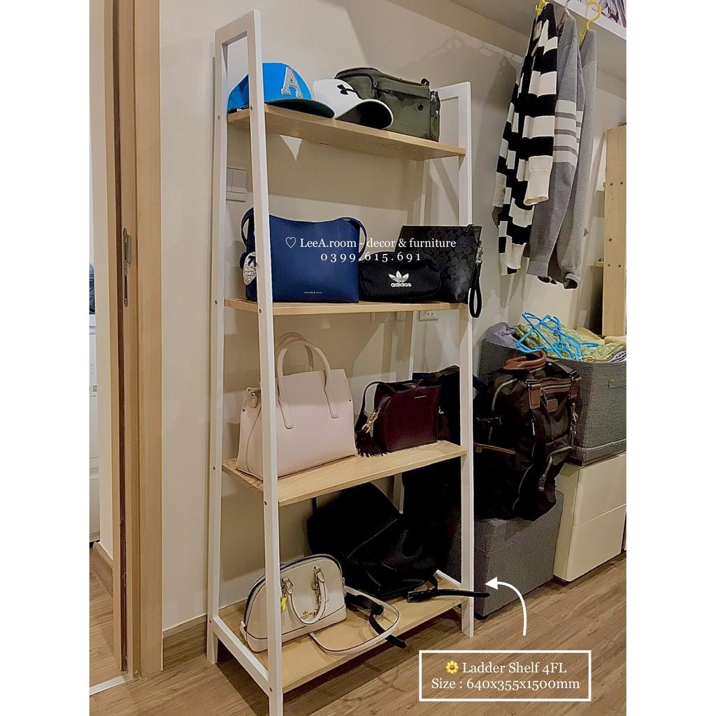Kệ Gỗ Decor Cao Cấp Hình Thang 4 Tầng - Size L - Màu Gỗ Tự Nhiên Phối Chân Trắng