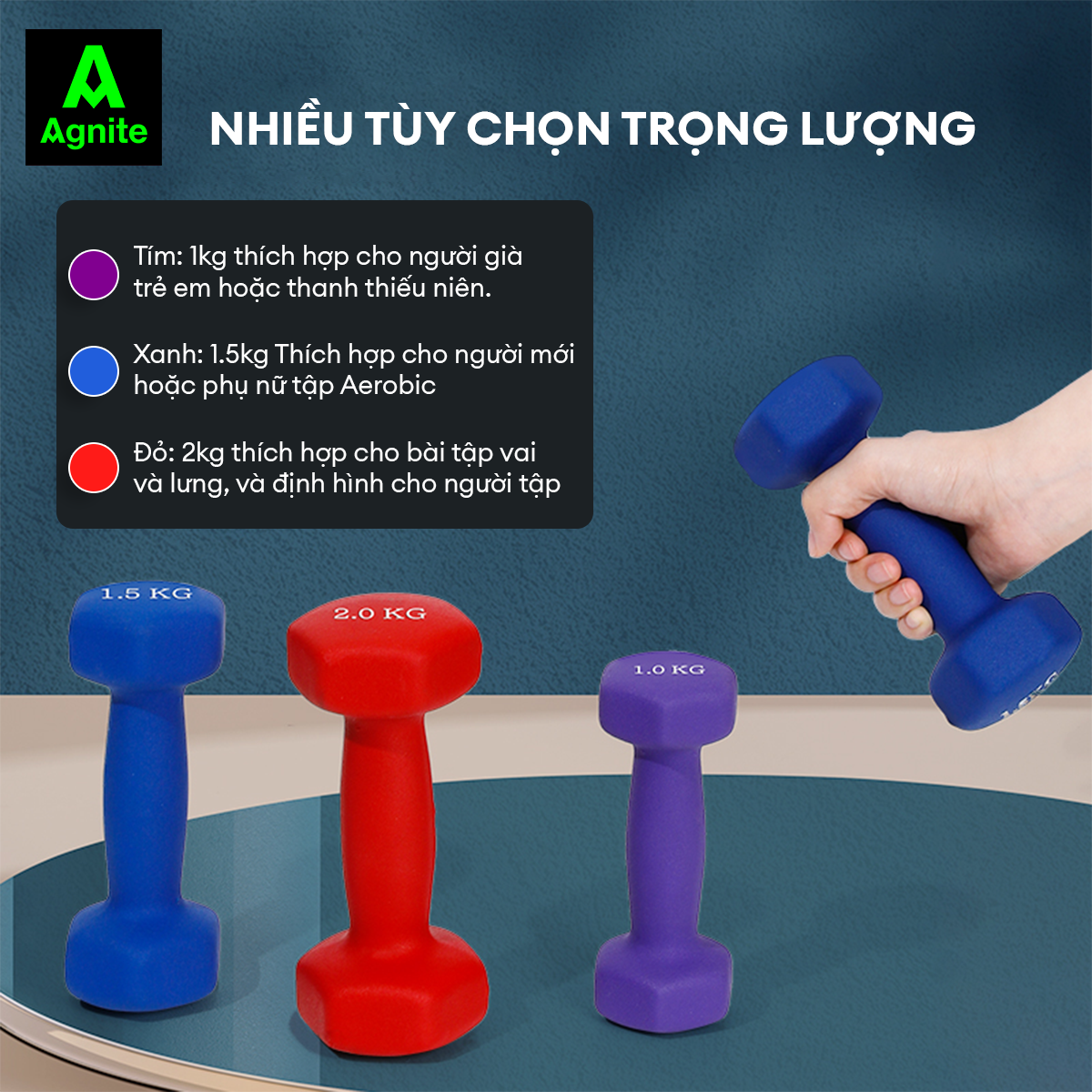 Tạ tay nam nữ nhiều mức chính hãng Agnite - PVC bọc gang siêu bền - dụng cụ hỗ trợ gym, pilates - ER081/ER082/ER083