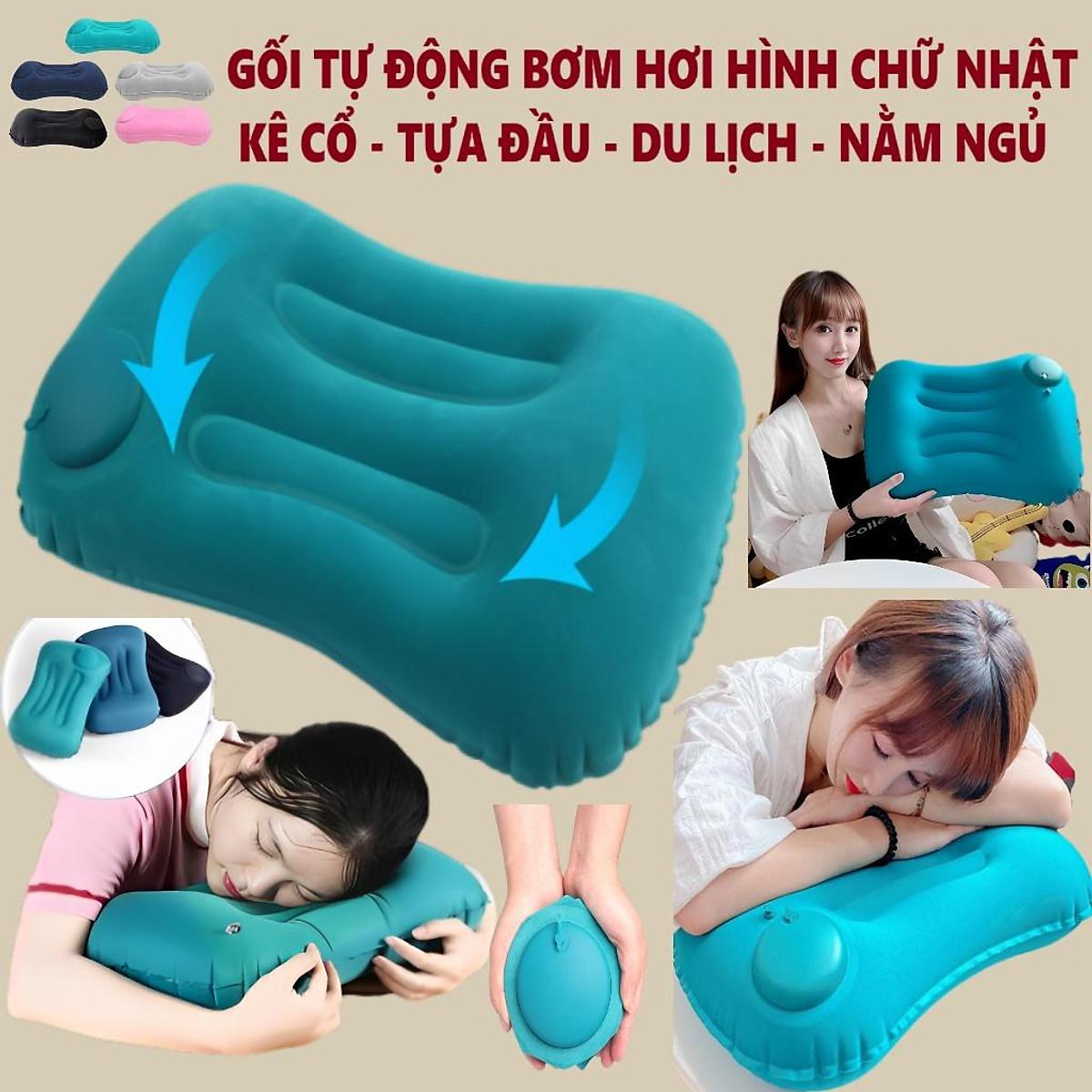 Gối Kê Cổ Hình Chữ Nhật Tự Bơm Hơi, Gối Tựa Cổ Gấp Gọn Du Lịch Ngủ Văn Phòng Đi Xe Hơi Ô Tô Máy Bay Cho Người Lớn - Xanh Ngọc