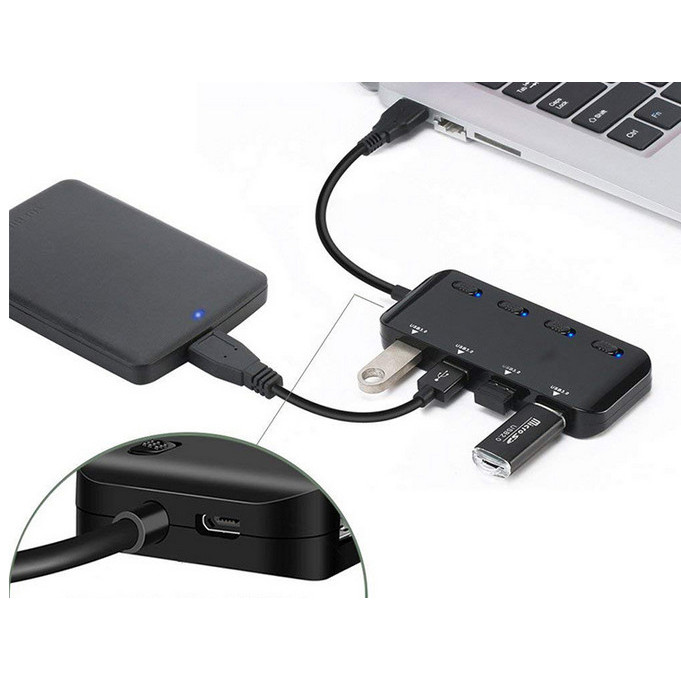 Hub chia cổng usb 3.0 Ultra Slim có công tắc (4 cổng) - Bộ chia cổng USB 1 ra 4, USB 3.0, thiết bị chia cổng usb 3.0, hub 3.0