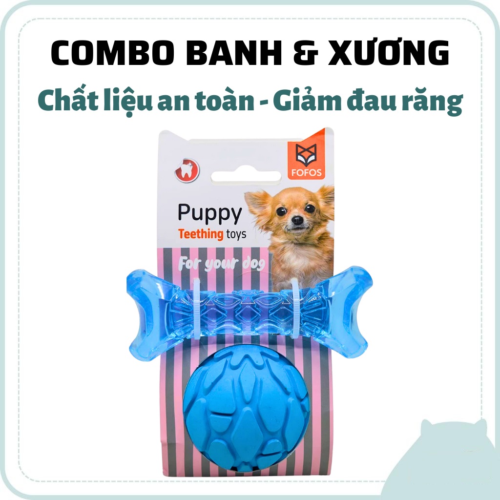 Đồ chơi cho chó FOFOS, Combo đồ chơi Banh &amp; Xương, Có tiếng kêu, Tốt cho răng chó, Cao su tự nhiên, TPR an toàn, 2 màu