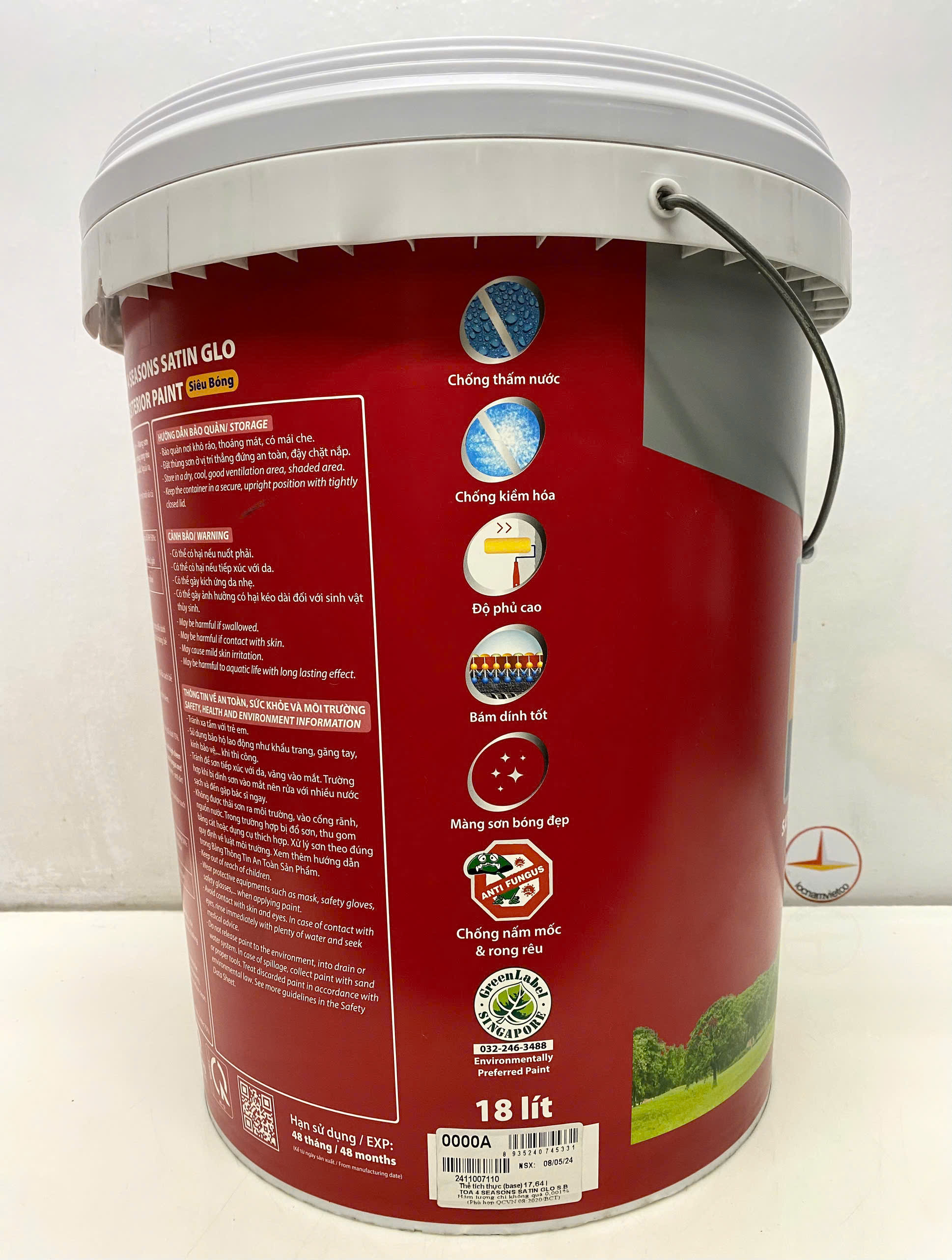 Sơn nước ngoại thất cao cấp TOA 4 Seasons Satin Glo siêu bóng màu vàng 8522 _ 18L