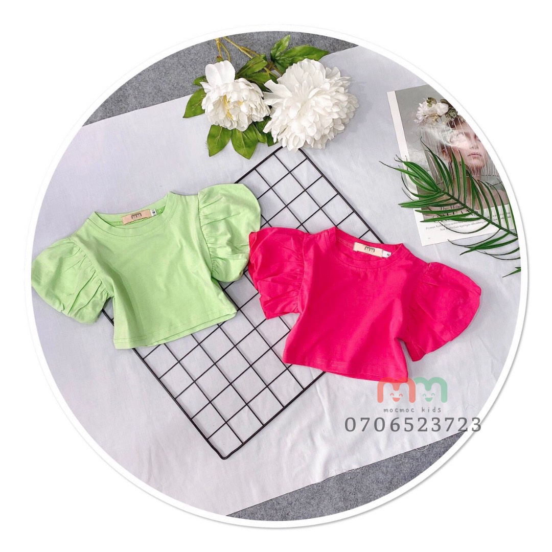 Áo croptop bé gái, áo thun croptop tay phồng dễ thương thun cotton chính phẩm loại 1 mềm mịn mát cho bé 13kg đến 42kg