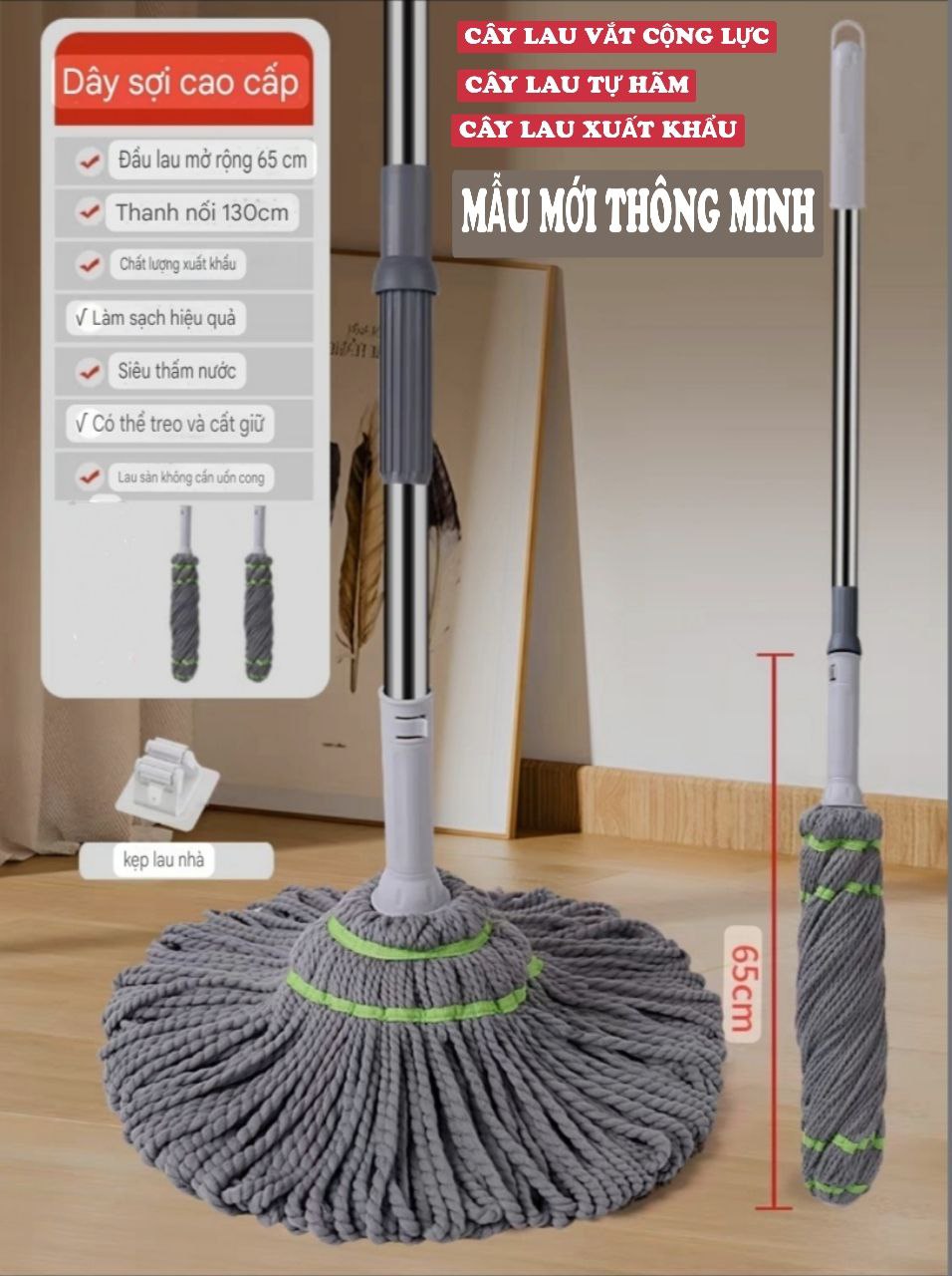 CÂY LAU SỢI VẮT TRỢ LỰC TỰ HÃM THÔNG MINH CÂY LAU MOP SỢI LAU SIÊU THẤM MỀN MẠI VÀ BỀN KHÁNG KHUẨN HÀNG XUẤT KHẨU CAO CẤP - MHW007K65QN