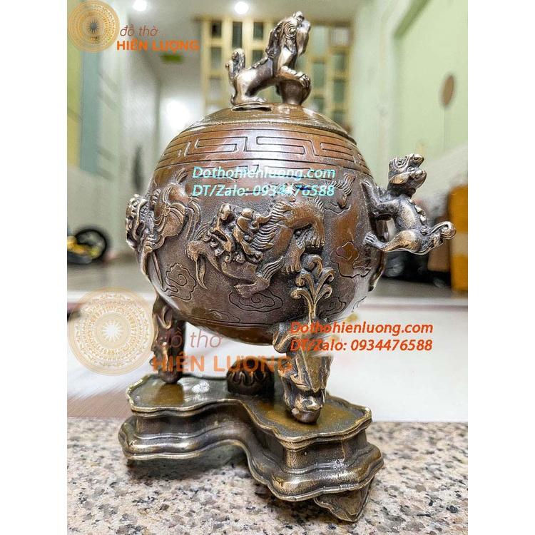 Lư Xông Trầm Nghê Vờn Cầu Bằng Đồng Hun Màu Nâu Giả Cổ Kích Thước 17x20cm, Nặng 1Kg Đẹp Tinh Xảo