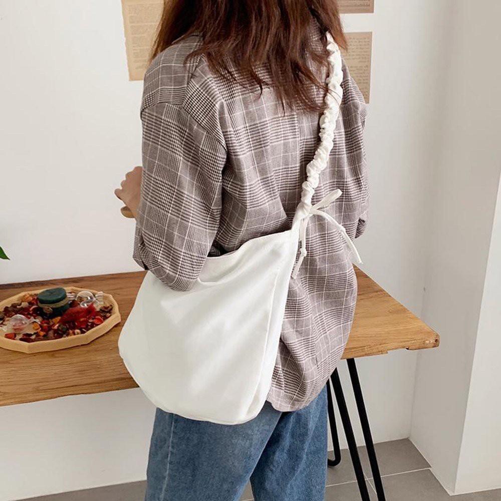 Túi vải canvas dây rút phong cách Ulzzang có khóa kéo túi phụ