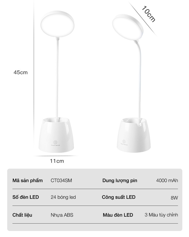 Đèn Học Để Bàn - Đèn Bàn Led Bảo Vệ Mắt, Tích Điện - 3 Màu Ánh Sáng Chống Cận, Có Hộp Đựng Bút Và Giá Để Điện Thoại