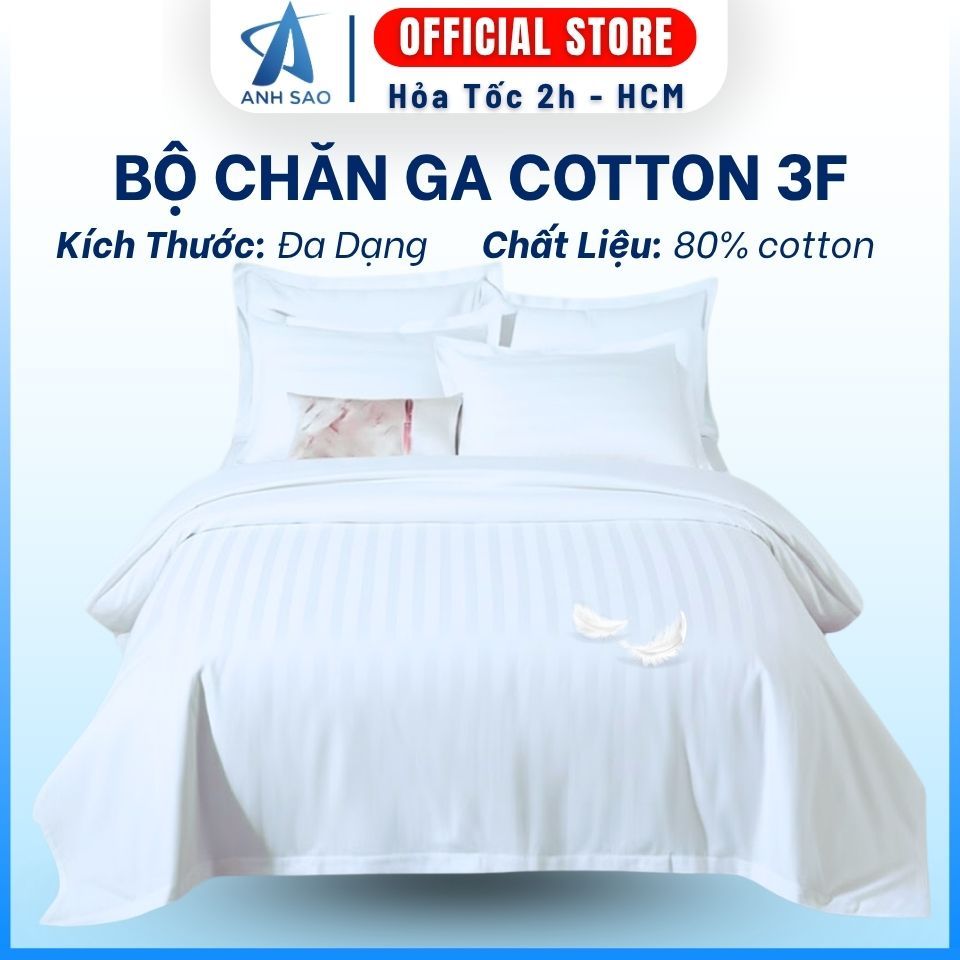 Bộ drap giường cotton trắng sọc 3F cao cấp A 1 ga, 2 vỏ gối nằm, 1 vỏ gối ôm – 1m8x2m