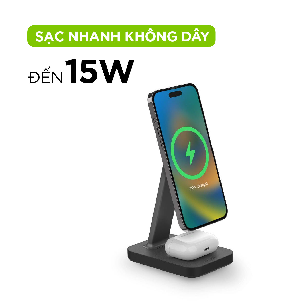 Đế sạc mophie Snap+ Stand & Pad, sạc nhanh không dây 15w, sạc cùng lúc 2 thiết bị, hỗ trợ sạc đa nền tản - Hàng chính hãng bảo hành 2 năm 1 đổi 1