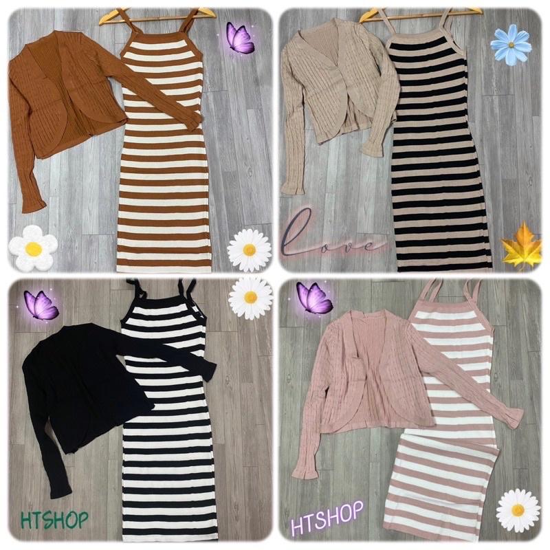 Set váy len body gồm váy 2 dây kẻ và áo khoác ngoài trơn hot hit