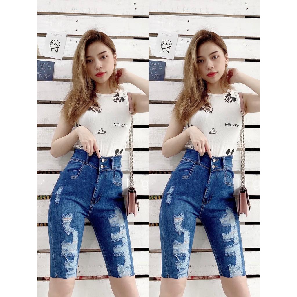 Quần jean ngố / lửng BIGSIZE lưng 2 nút siêu cao, co dãn mạnh rách kiểu đẹp 3680