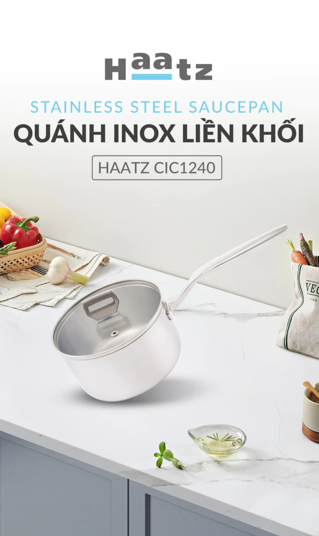 Quánh Inox316 Đúc Đáy Liền 3 Lớp Haatz CIC1250 Size 18cm - Hàng Chính Hãng Bảo Hành 5 Năm
