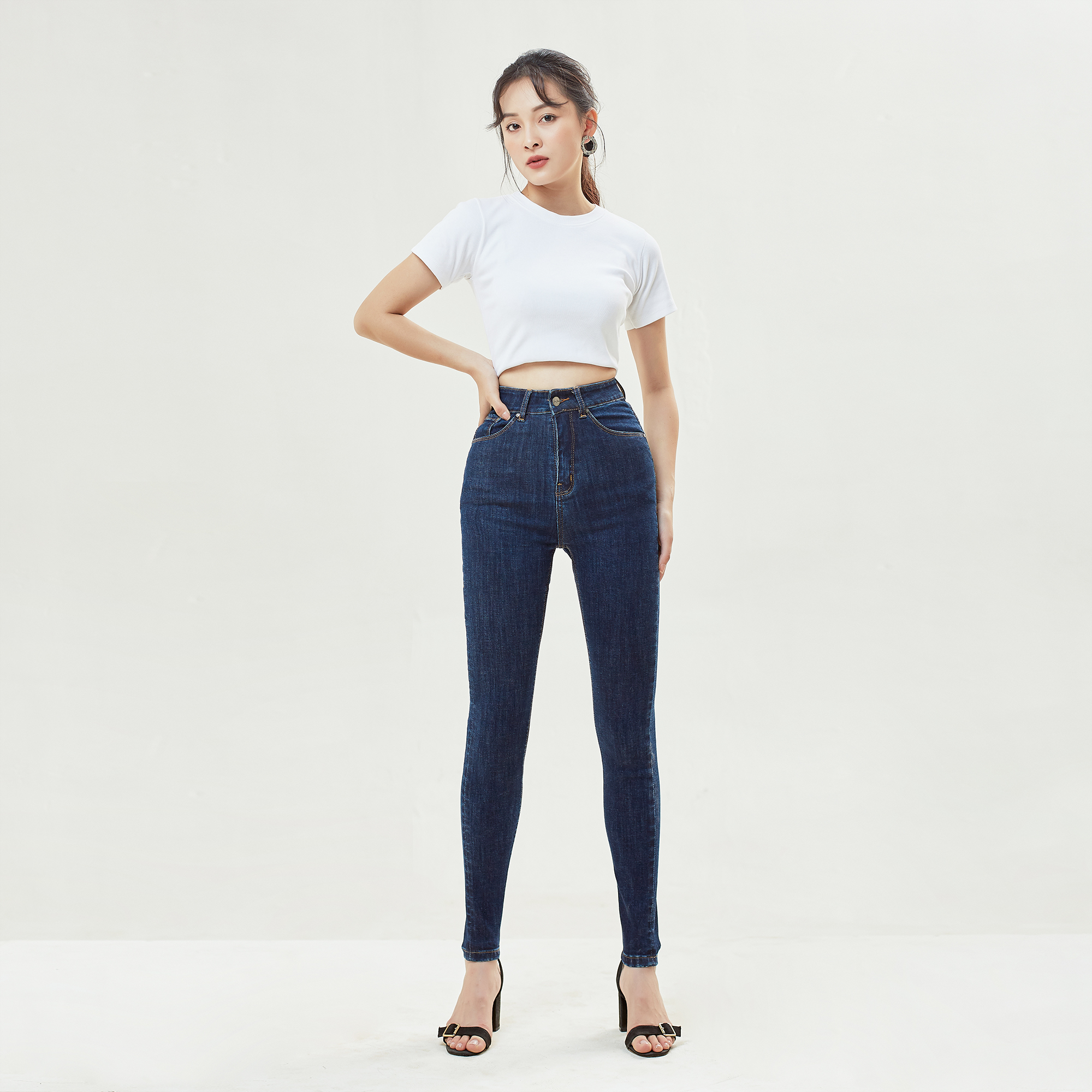 Quần Bò Nữ Cạp Cao Ôm Dáng Skinny Xanh Đậm Aaa Jeans