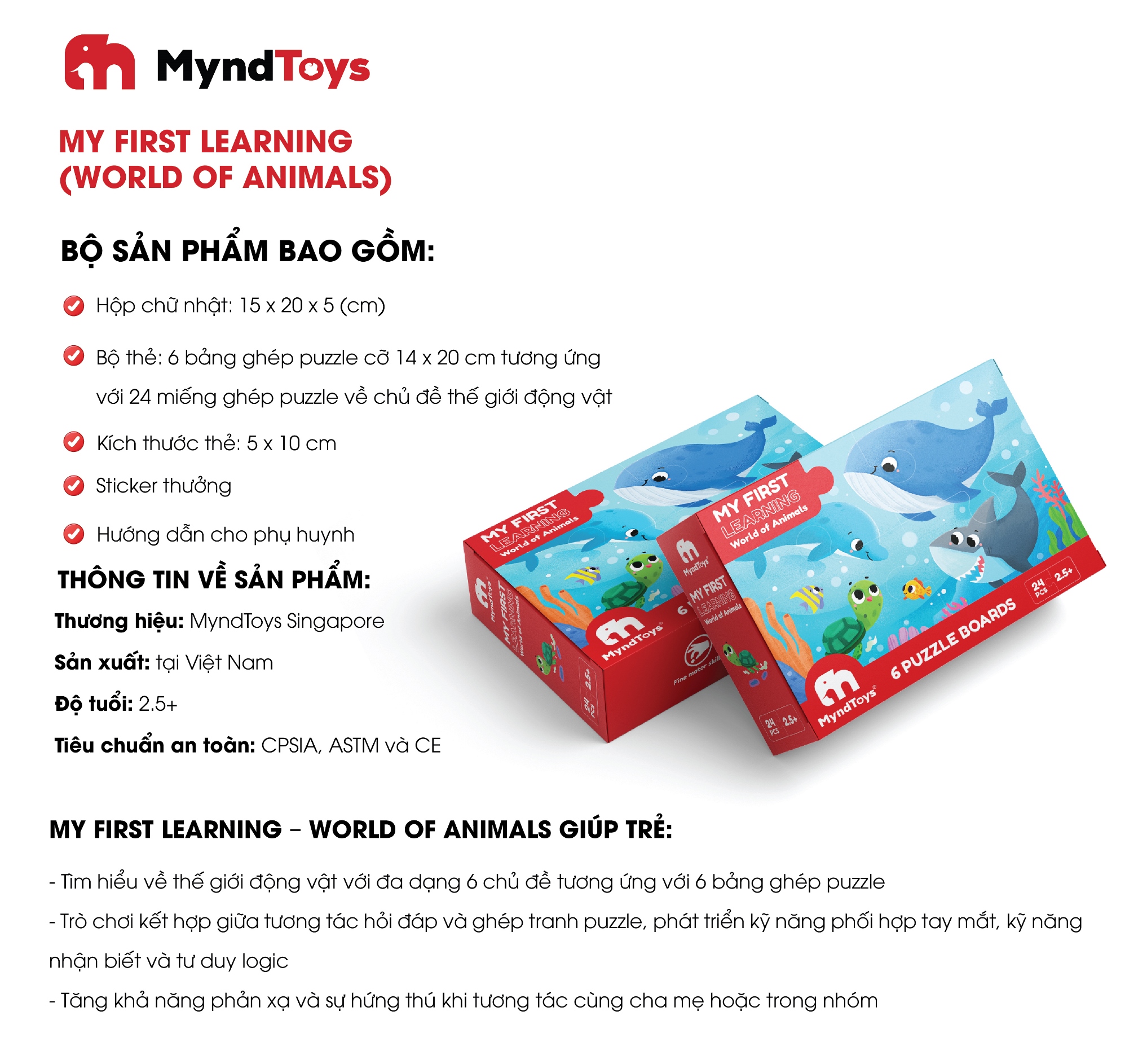 Đồ chơi Giáo dục MyndToys Xếp hình puzzle thông minh My First Learning – World of Animals cho bé từ 2.5 tuổi
