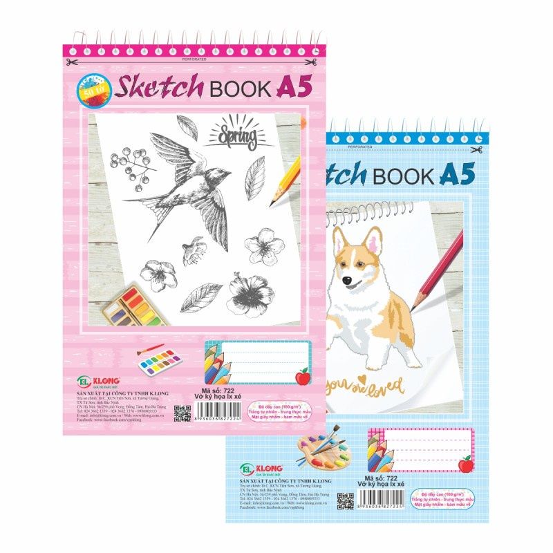 Set 2 quyển sổ vẽ ký họa lò xo xé khổ A5 / B5 Klong MS 722 / 723 - Sổ vẽ lKlong MS722 / MS723