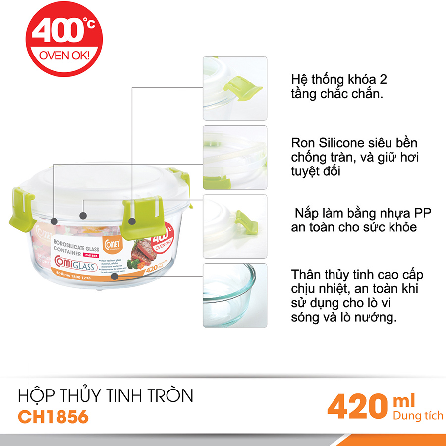 Bộ 3 hộp đựng thuỷ tinh tròn Comet CH1856 – 420ml