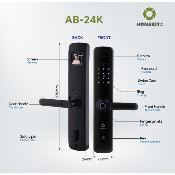 Khóa cửa vân tay điện tử thông minh HOMEKIT AB-24K 7 tính năng tích hợp camera - kết nối App điện thoại Tuya Smart