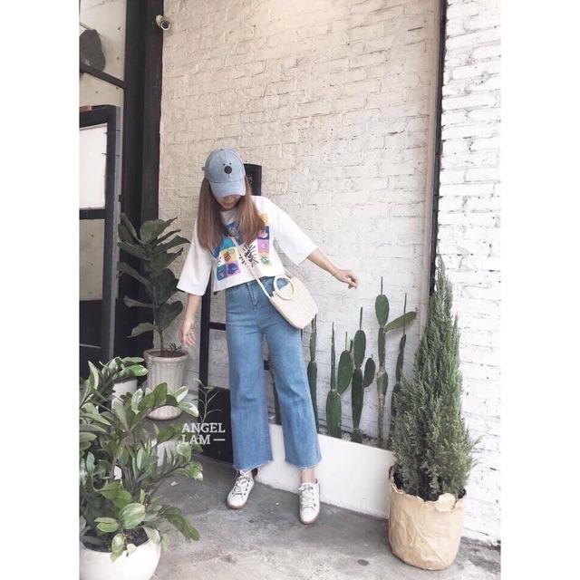 Quần baggy jean 9 tấc ống rộng màu xanh nhạt