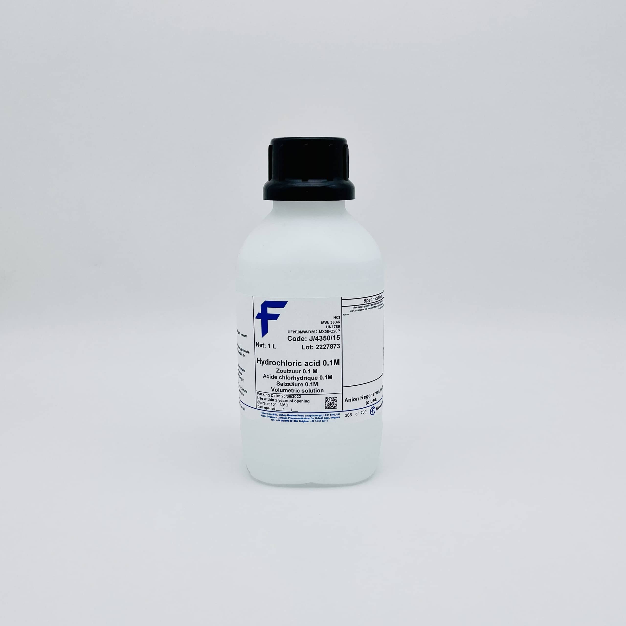Dung dịch chuẩn HCL 0.1M, chai 1L pha sẵn; Fisher Mỹ, Cas 7647-01-0