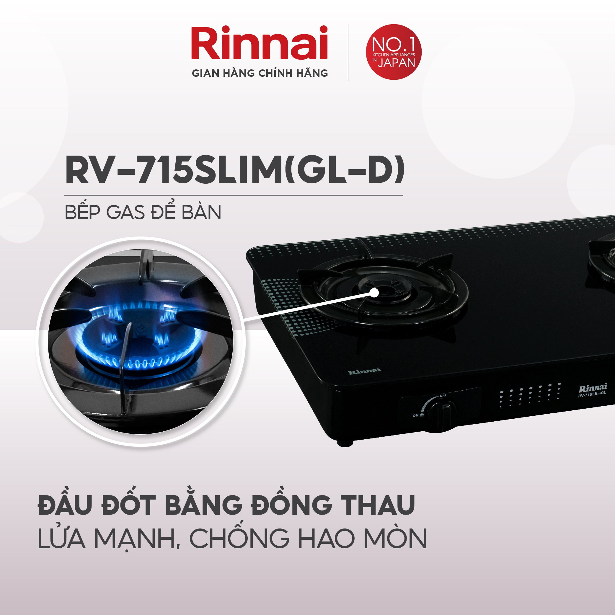 Bếp gas dương Rinnai RV-715Slim mặt bếp kính và kiềng bếp men - Hàng chính hãng.