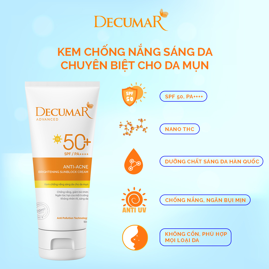 Combo 3 sản phẩm Ngừa Mụn Sáng Da sau mụn Decumar Advanced THC White (Gel mụn thâm + Gel rửa mặt sáng da+ Kem chống nắng phù hợp mọi loại da)