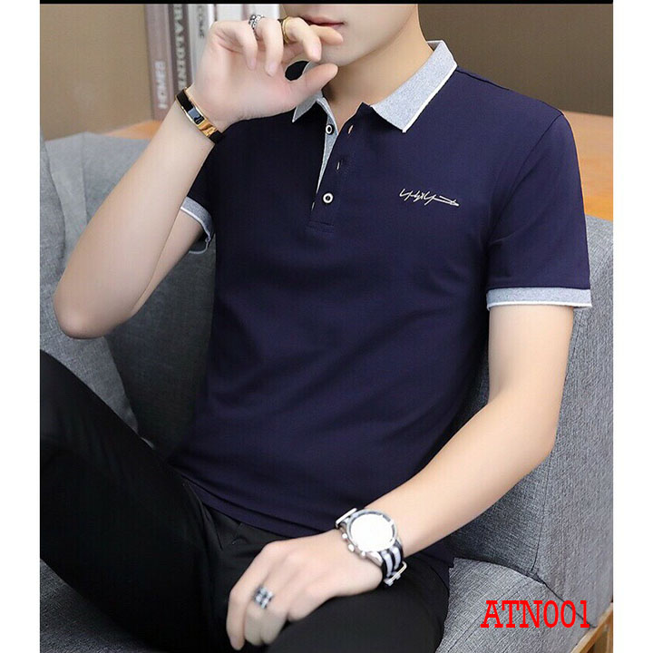 Áo thun nam cổ bẻ tay ngắn body thêu chữ ngang ngực màu xanh than vải thun cotton xịn mềm mịn co giãn thoáng mát