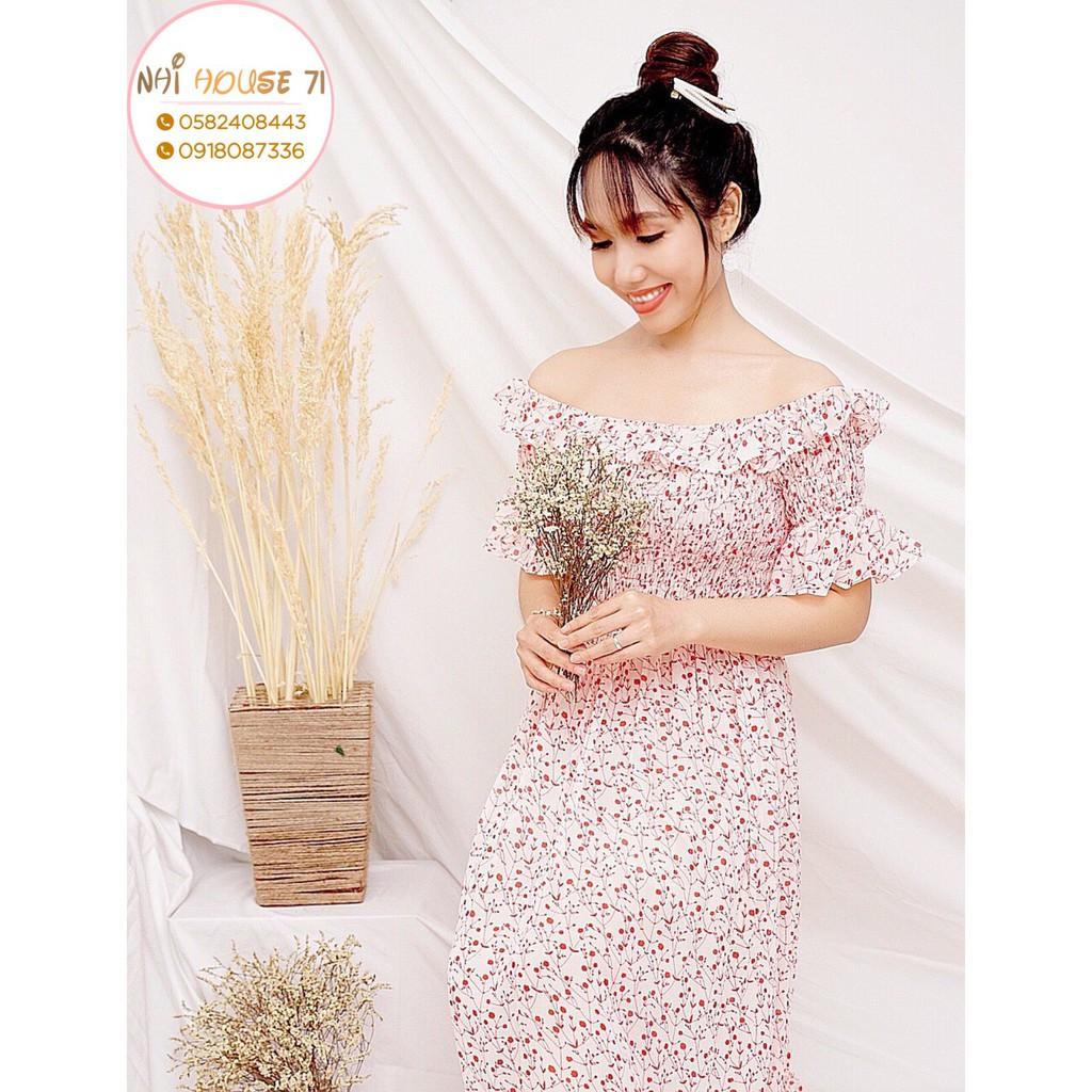 Đầm Voan Hoa NHIHOUSE71 Dáng Xòe Qa Gối bẹt Vai Dún Chỉ Freesize Dưới 56kg