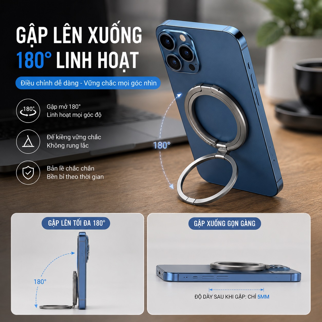 Giá đỡ Ring holder vòng Ring nam châm N52 kiêm chân đế gập 180 độ HOTCASE iRing Finger cho iPhone 18 17 16 15 14 13 12 - Kiêm Chân Đế Gập 180° – Xỏ Ngón Chống Rơi – Dựng Dọc Ngang – Siêu Mỏng - Hàng nhập khẩu