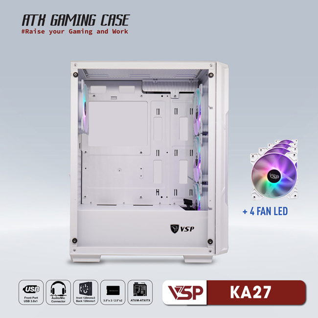 Vỏ máy tính Case VSP KA27 [TRẮNG] sẵn 4 Fan LED ~ Gaming 2 mặt kính cường lực (M-ATX/ITX) - Hàng chính hãng TECH VISION phân phối