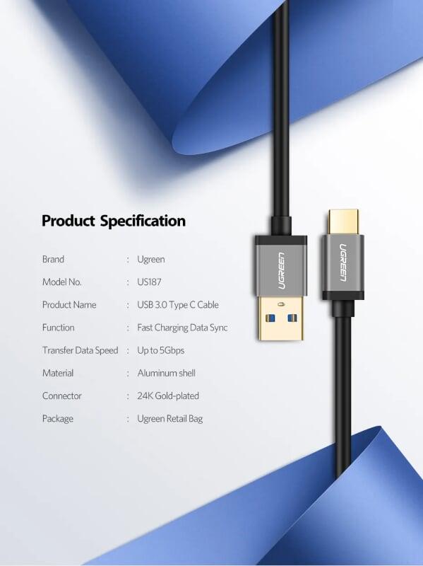 Ugreen UG30533US187TK 1M màu Đen Cáp dữ liệu USB Type-C sang USB 3.0 truyền dữ liệu từ máy tính ra điện thoại - HÀNG CHÍNH HÃNG