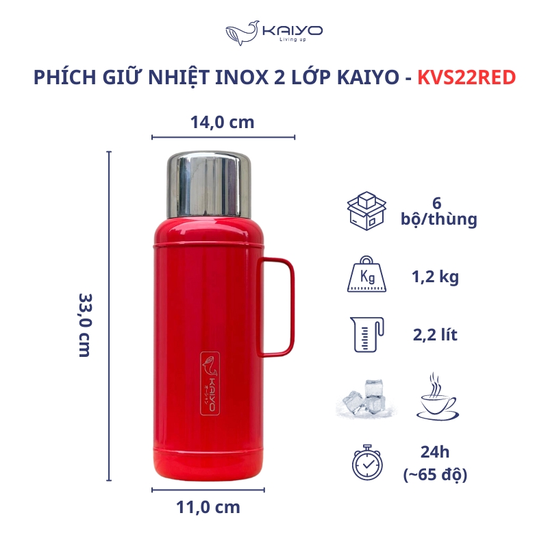 Phích giữ nhiệt hai lớp Kaiyo, chất liệu inox 304, dung tích 2,2 lít, màu đỏ cherry [KSV22RED]