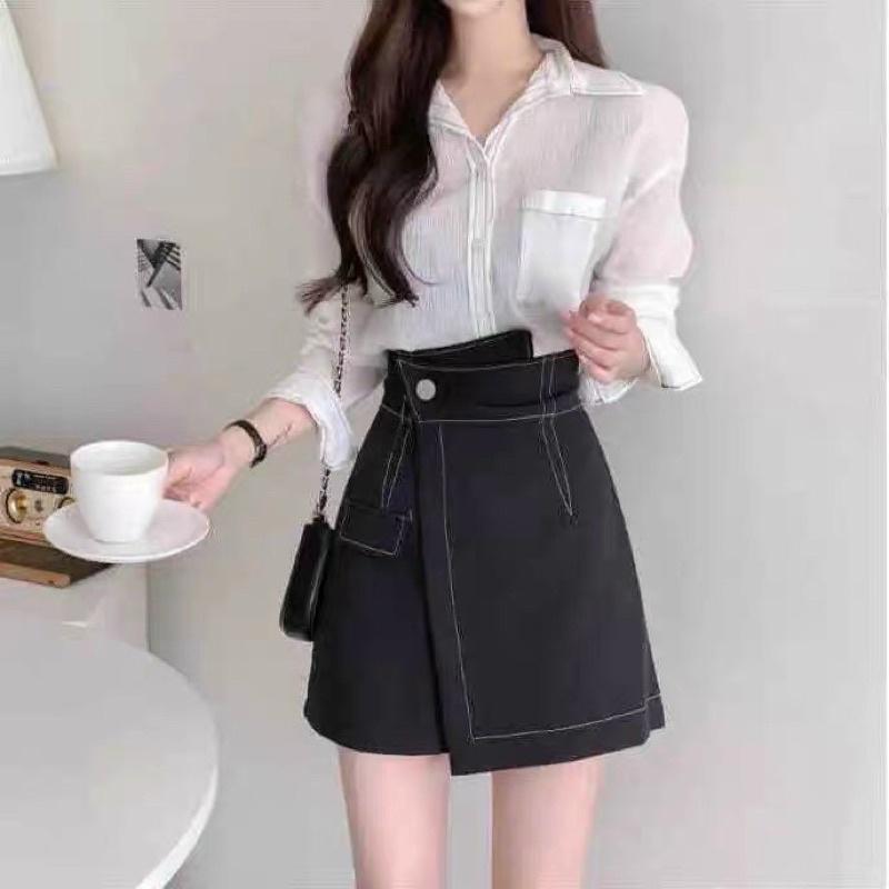 Chân váy nữ cạp cao chỉ nổi vạt lệch