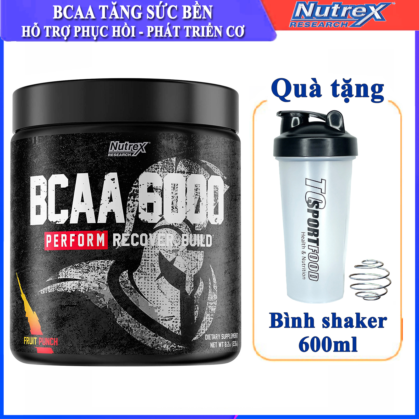 Combo BCAA 6000 của Nutrex hộp 30 lần dùng hỗ trợ tăng sức bền, sức mạnh, phục hồi và phát triển cơ bắp trong tập cho người tập GYM & Bình lắc 600ml (Mẫu ngẫu nhiên)