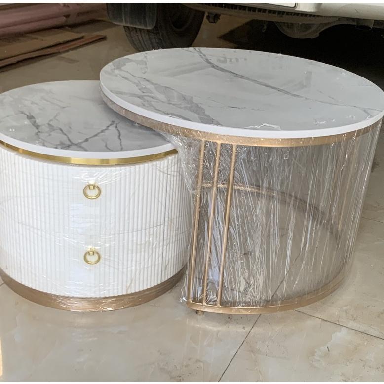 Bộ bàn trà đôi hai ngăn kéo, bàn sofa mặt đá CERAMIC chân INOX, nội thất phòng khách hiện phong cách bắc âu - Bảo hành 12 tháng