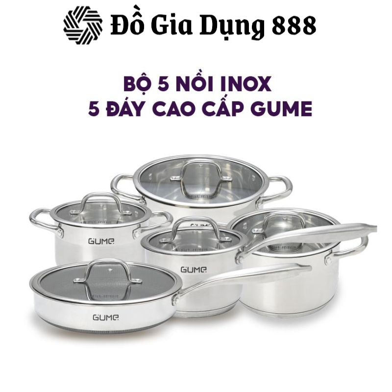 Bộ Nồi Chảo GUME, Chất Liệu Inox , Bộ Nồi 5 Đáy, Dẫn Nhiệt Tốt, Phù Hợp Với Mọi Loại Bếp, Nội Địa Hàn, BH 12 Tháng